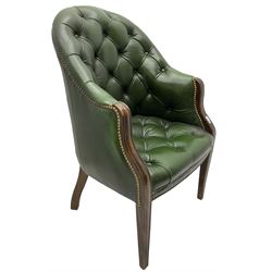 19th century design mahogany framed chesterfield library chair, upholstered in buttoned green leather with studwork, on square tapering supports