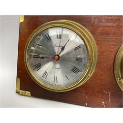 Wall hanging Spectrum quartz clock and Weathermaster barometer, together with six turned spokes ship wheel with brass central boss, D48cm
