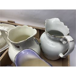 Royal Winton Art Deco style wash jug and bowl, in geometric purple design, together with two other large wash jugs with bowls and other similar ceramics, in three boxes 