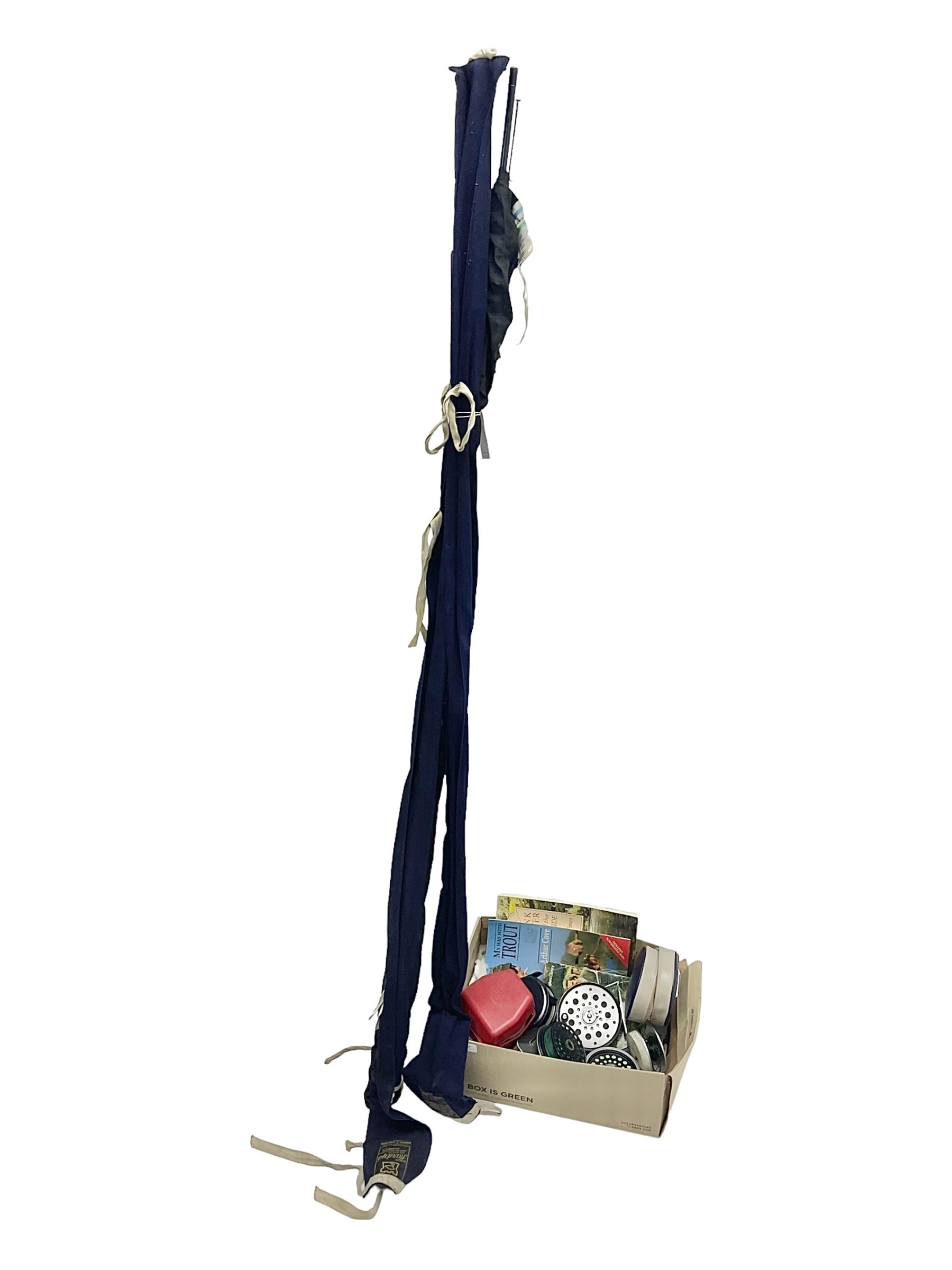 Hardy 'The Palakona' split cane fly fishing rod, Shakespeare Flymaster Composite rod and a Shakespeare Sigma Graphite rod, collection of fly reels including Farlow's Serpent, Abu Svangsta Delta 3 and Intrepid Gearfly and three trout fly fishing books