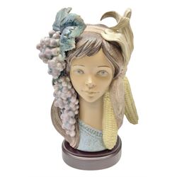 Lladro figure, Autumn Glow, modelled as a bust donning headpiece of grapes and corn husks, on mahogany base, limited edition 242/1500, sculpted by José Puche, with original box, no 2250, year issued 1993, year retired 1997, with framed warranty of authenticity and letters, H28cm