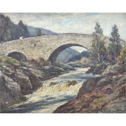 Owen Bowen (Staithes Group 1873-1967): 'A Highland Bridge - Sutherlandshire', oil on board signed, original title label verso 40cm x 50cm