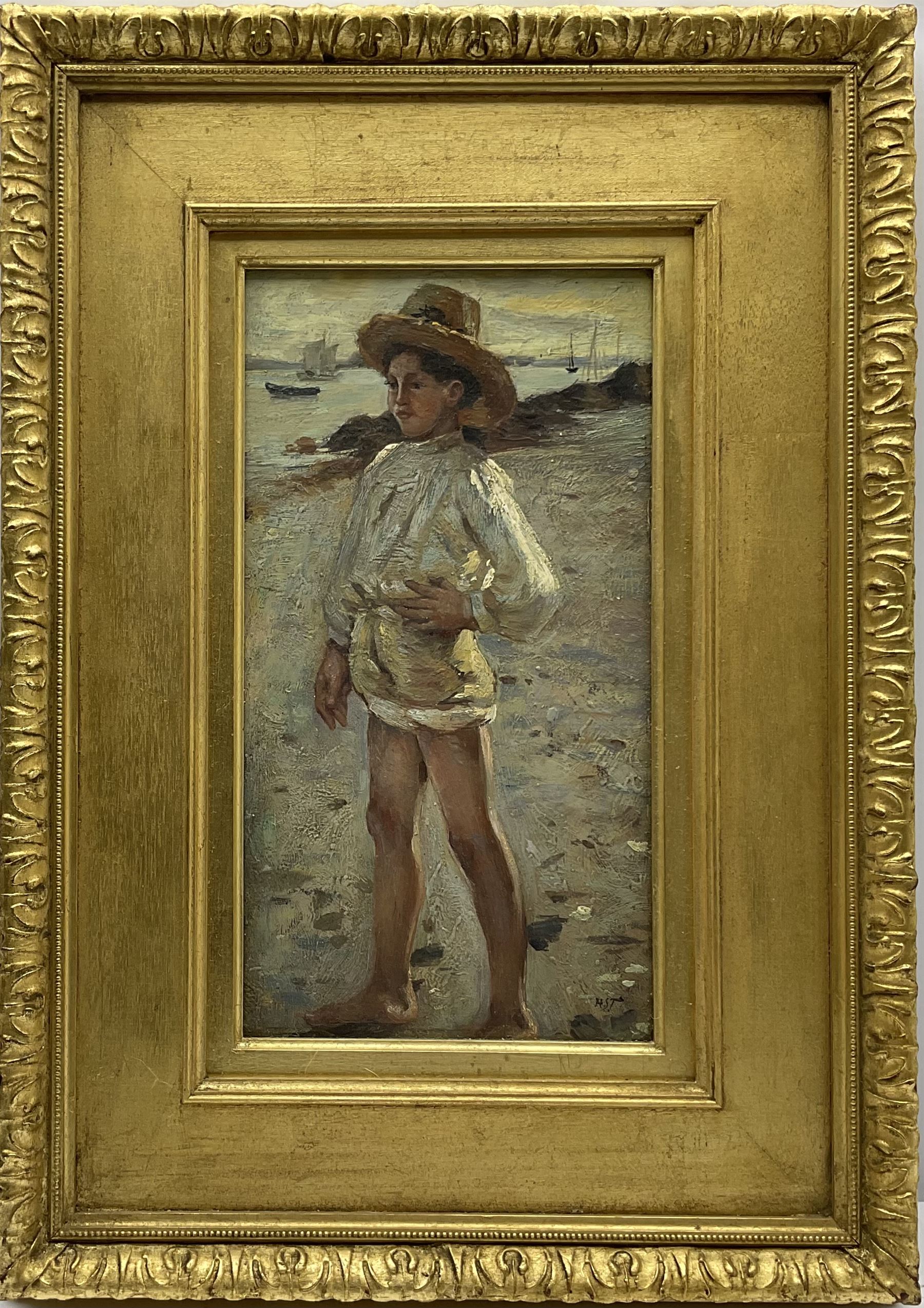 After Henry Scott Tuke (British 1858-1929): Boy on the Shoreline, oil on panel signed with initials 37cm x 20cm