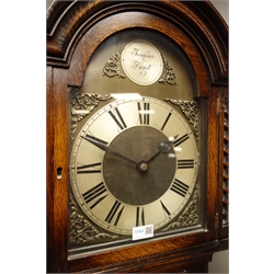  Early 20th century oak longcase clock in moulded panel case with arched dial, triple train movement Westminster/Wittington chiming the quarter hours on rods, H196cm   