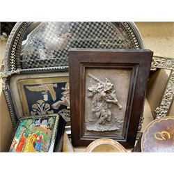 Vintage black rotary wall phone, framed prints, carved wood mask and other treen and metalware etc in two boxes 