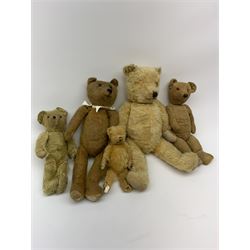 Five 1930s English teddy bears including large Chiltern with swivel jointed head, glass eyes, vertically stitched nose and mouth and jointed limbs H20