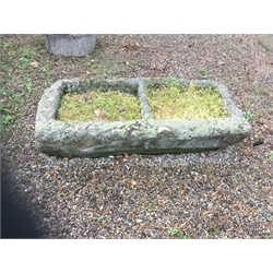 RTV 19th century two division stone trough, W137cm, H31cm, D61cm. This lot is located in Hunmanby, Scarborough YO14 and sold in situ – viewing by appointment only, please contact to arrange.