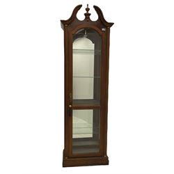 Classical mahogany finish narrow display cabinet, mirror back, glass shelves