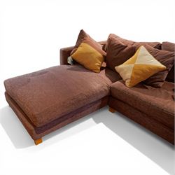 Orior - corner sofa upholstered in plum fabric, loose cushions and various scatter cushions, light wood stained feet