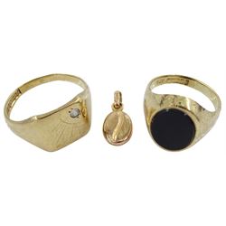 Gold black onyx signet ring, gold cubic zirconia signet ring and a coffee bean pendant, all 9ct hallmarked or tested
