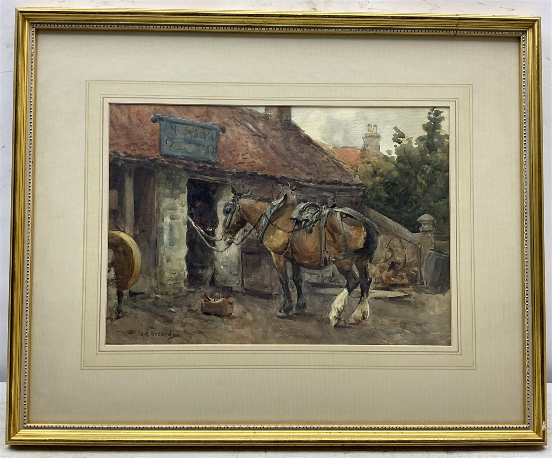 Albert George Stevens (Staithes Group 1863-1925): 'The Smithy' - Hinderwell, watercolour signed 
Provenance: probably exh. Royal Academy 1912, Cat. No. 987. The picture depicts Robert Agar's blacksmith's shop at Hinderwell, now demolished.