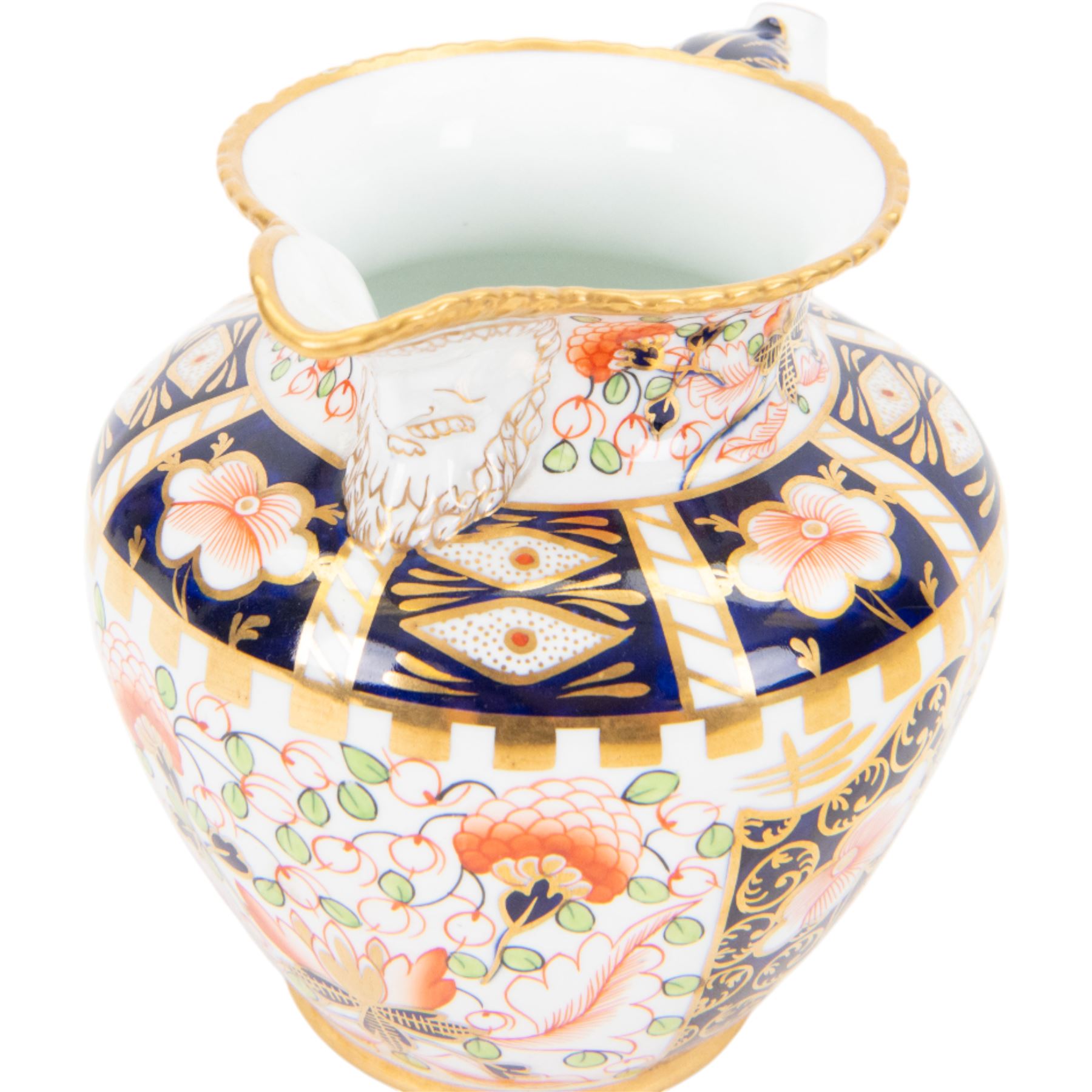 Royal Crown Derby Witches pattern jug, circa 1920s, with mask lip and gold rim, H15cm
