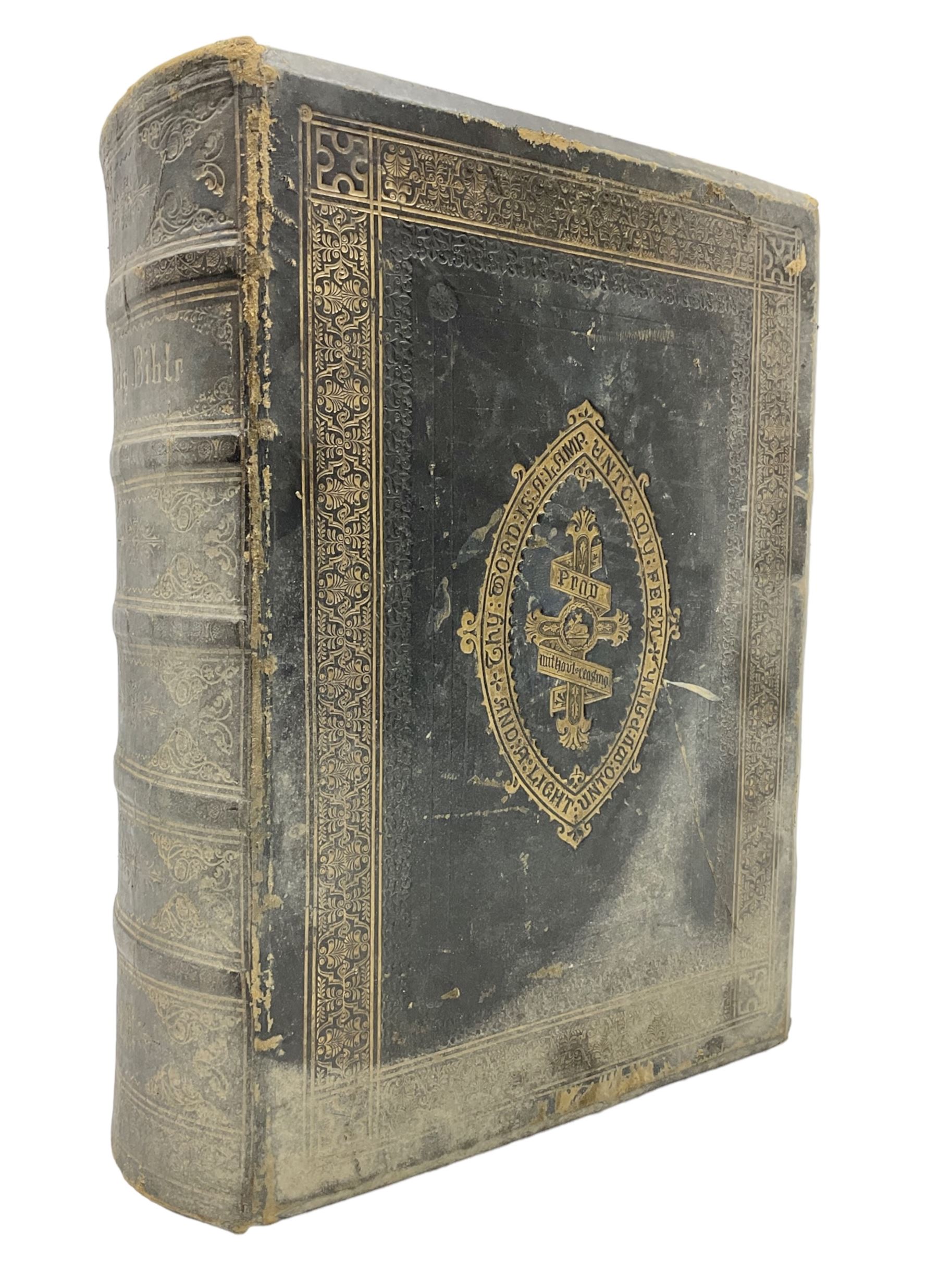 Victorian The Family Devotional Bible, by Rev Matthew Henry, pub. London and New York, The London Printing & Publishing Co, circa 1860, with steel engraving plates and gilt edges, L35cm