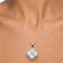 Silver cubic zirconia and mother of pearl flower head pendant necklace, stamped 925