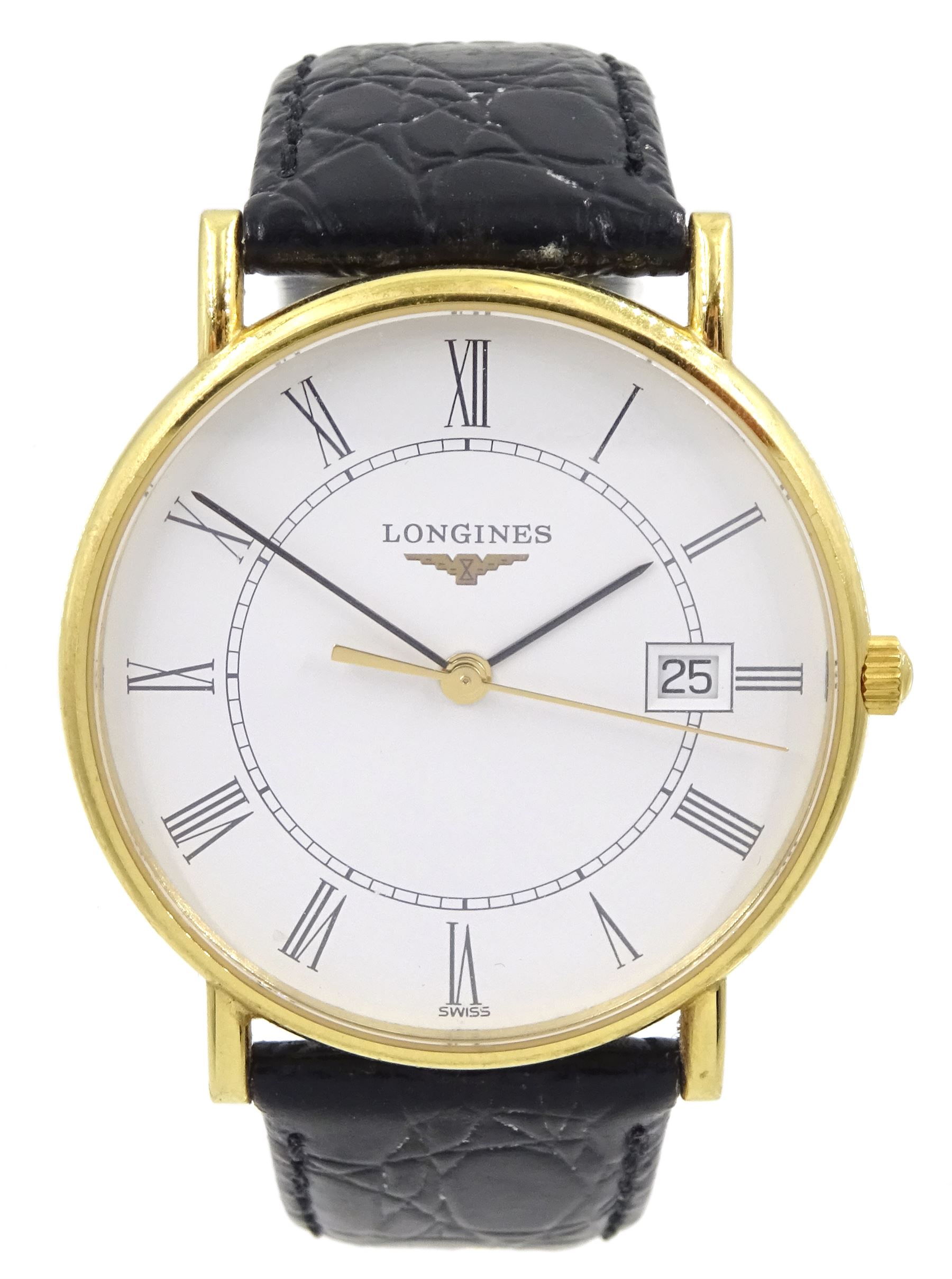 Longines Présence gentleman's 18ct gold quartz wristwatch, Ref. L4.743.6, white dial with date aperture, on original black leather strap, boxed with warranty card dated 2012