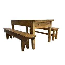 Rustic pine rectangular dining table, fitted with single drawer, with two pine benches 