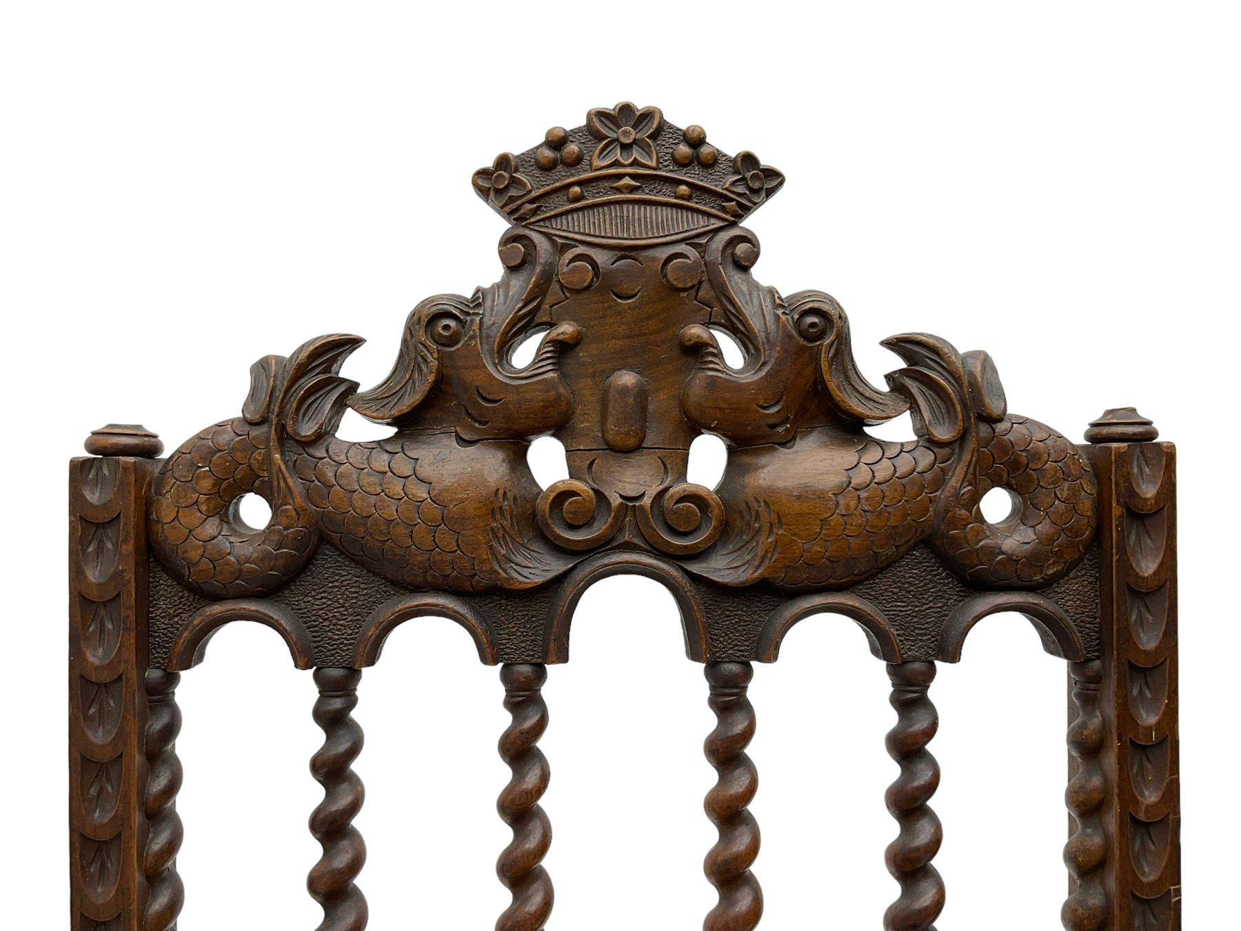 19th century carved mahogany folding chair, cresting rail carved with two stylised fish flanking a crown, spiral turned spindle supports over tapestry seat (W37cm H89); and another folding chair (W46cm H100cm)
