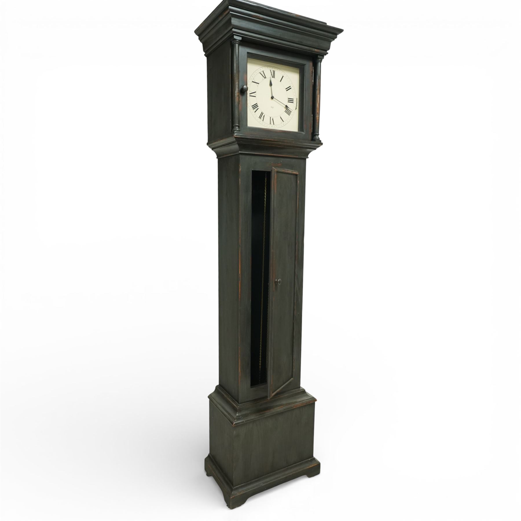 20th century Sligh longcase clock, the painted rectangular case with stepped and moulded hood enclosing a square painted dial with Roman numerals and spade hands, the trunk with single panelled door and moulded plinth base, the eight day weight driven movement with brass plates, chain driven train, anchor escapement and outside countwheel striking mechanism, issuing on a series of tuned rods with pendulum and brass cased weights