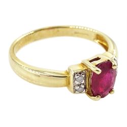 9ct gold single oval cut ruby and four stone, round brilliant cut diamond ring, hallmarked, ruby approx 0.75 carat