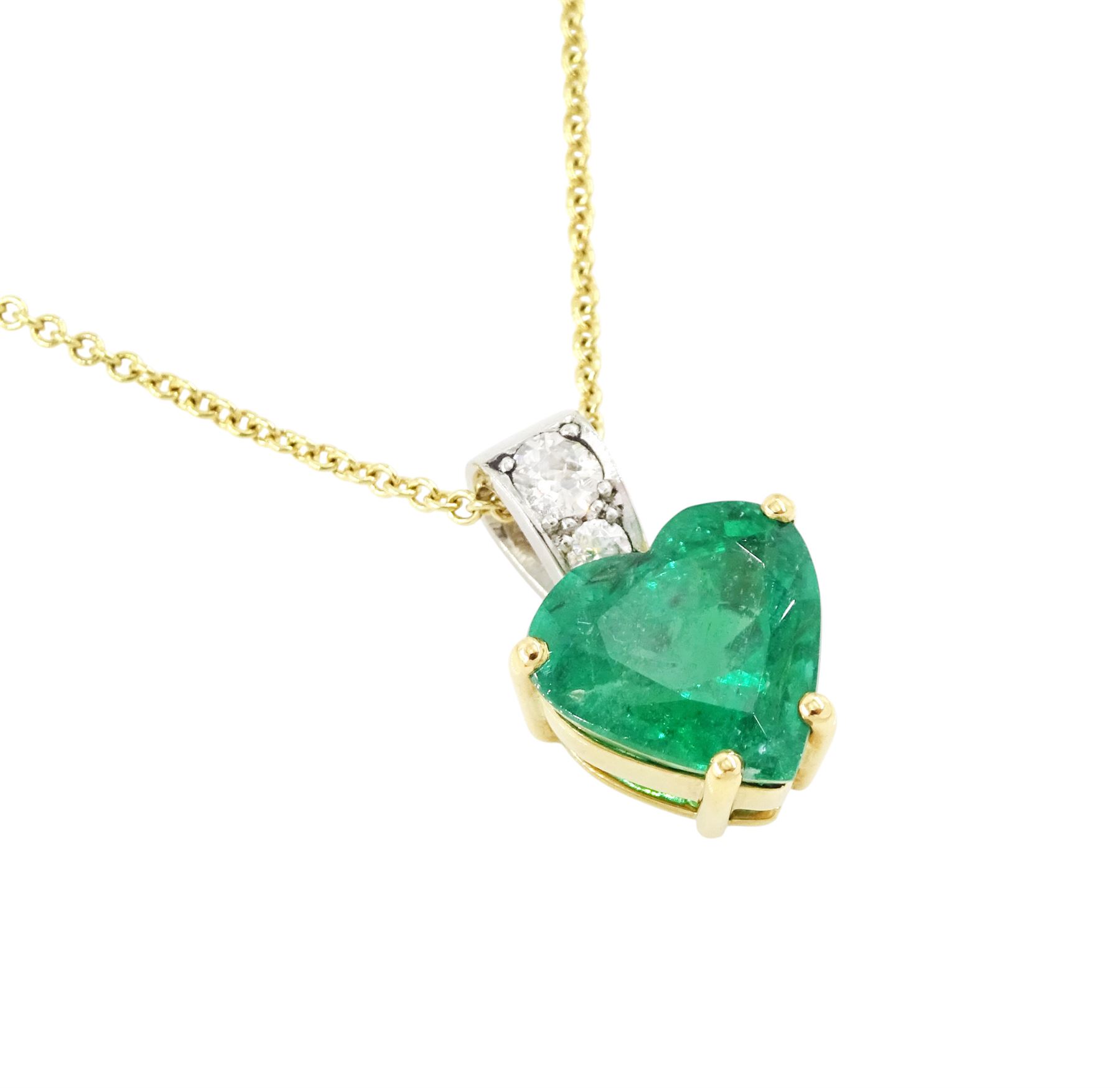 18ct and platinum emerald and diamond pendant necklace, the single heart cut emerald of 3.48 carat, the bail set with two old cut diamonds, London 2019, on an 18ct gold trace link chain necklace, with Alan Poultney Gems report, the emerald with The Gem & Pearl Laboratory report
