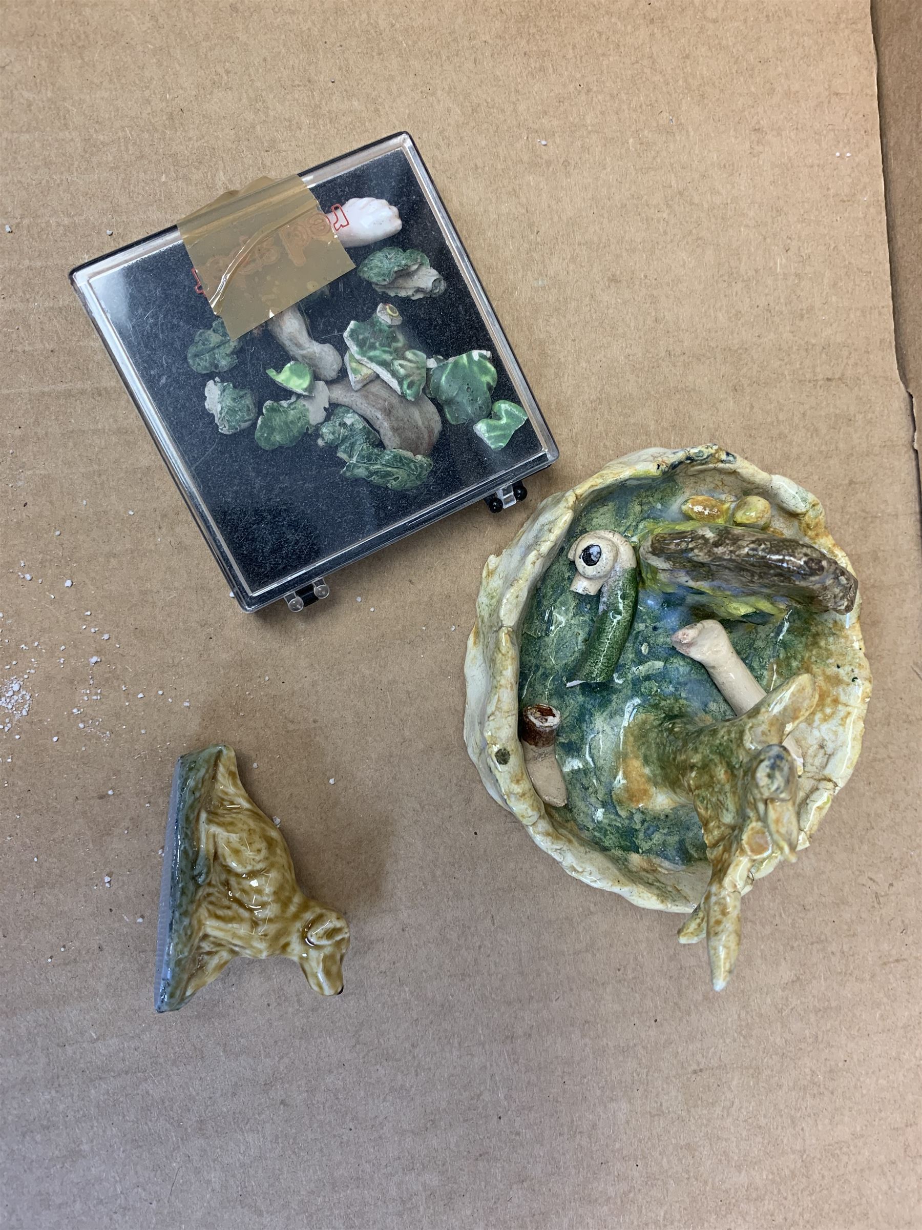 Pair of early 20th century Japanese hexagonal incense pots with reticulated panels and blue and white painted decoration, H9.5cm, a similar pot, three pieces of Runneford pottery, Sevres style porcelain box and cover, pair of Continental Lace pattern vases, Wedgwood jasperware and other ceramics