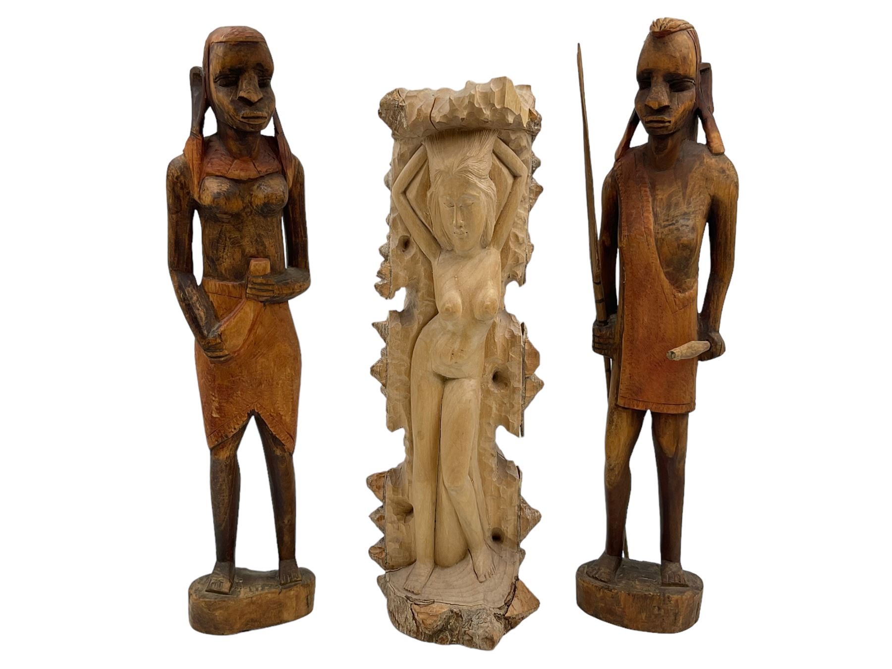 African carved wooden marriage/wedding chain, together with three carved figures, largest H44cm
