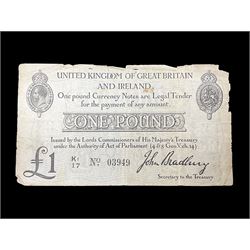 United Kingdom of Great Britain and Ireland Bradbury second issue one pound banknote ‘K1 17 No. 03949’
