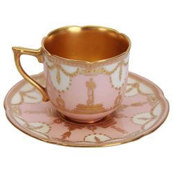 Six 20th century coffee cans and saucers, including Meissen, Royal Worcester and Dresden examples, all with internal gilt decoration