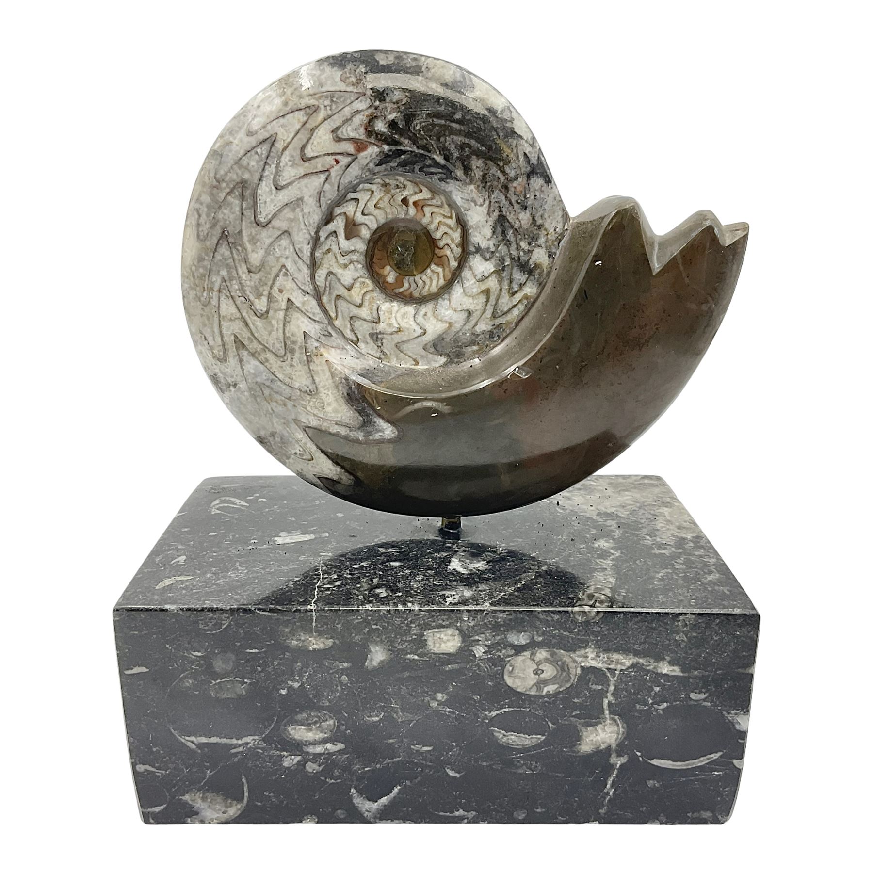 Goninite sculpture, poslised goninite, mounted upon a rectangular marble base with with orthoceras and goniatite inclusions, age: Devonian period, location: Morocco, H20cm