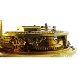 19th century silver-gilt pair cased verge fusee pocket watch for the Turkish market by Edward Prior (London 1800-1868), No. 43339, tulip pillars, pierced and engraved balance cock decorated with a classical urn, white enamel dial with Turkish numerals, beetle and poker hands and bull's eye glass