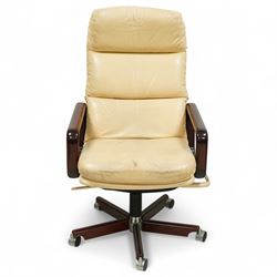 Dyrlund - contemporary pair of armchairs with solid Santos rosewood frame, rounded edges and broad armrests, seat and backrest with a removable cream leather over-stuffed cushions, together with a classic Dyrlund office chair with teak swivel base and cream leather upholstery, 62x44x109cm, (3)


Note: Dyrlund is a Danish furniture manufacturer known for its high-quality, handcrafted pieces, particularly in the mid-century modern style. Founded in 1960 by Frits Hjerte Dyrlund in Rude, Denmark, the company has remained a family business, now run by the second and third generations. Dyrlund specializes in both home and executive office furniture, focusing on practicality, solid construction, and classic design. 
