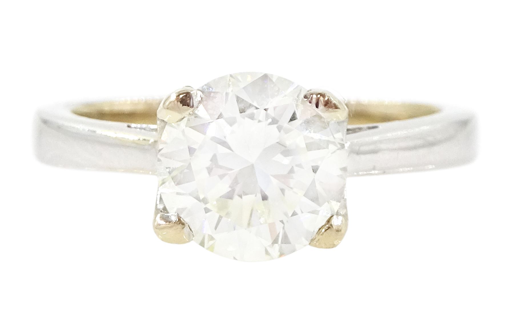 18ct two tone gold diamond ring, single round brilliant cut diamond of approx 1.70 carat, in a four claw setting, hallmarked