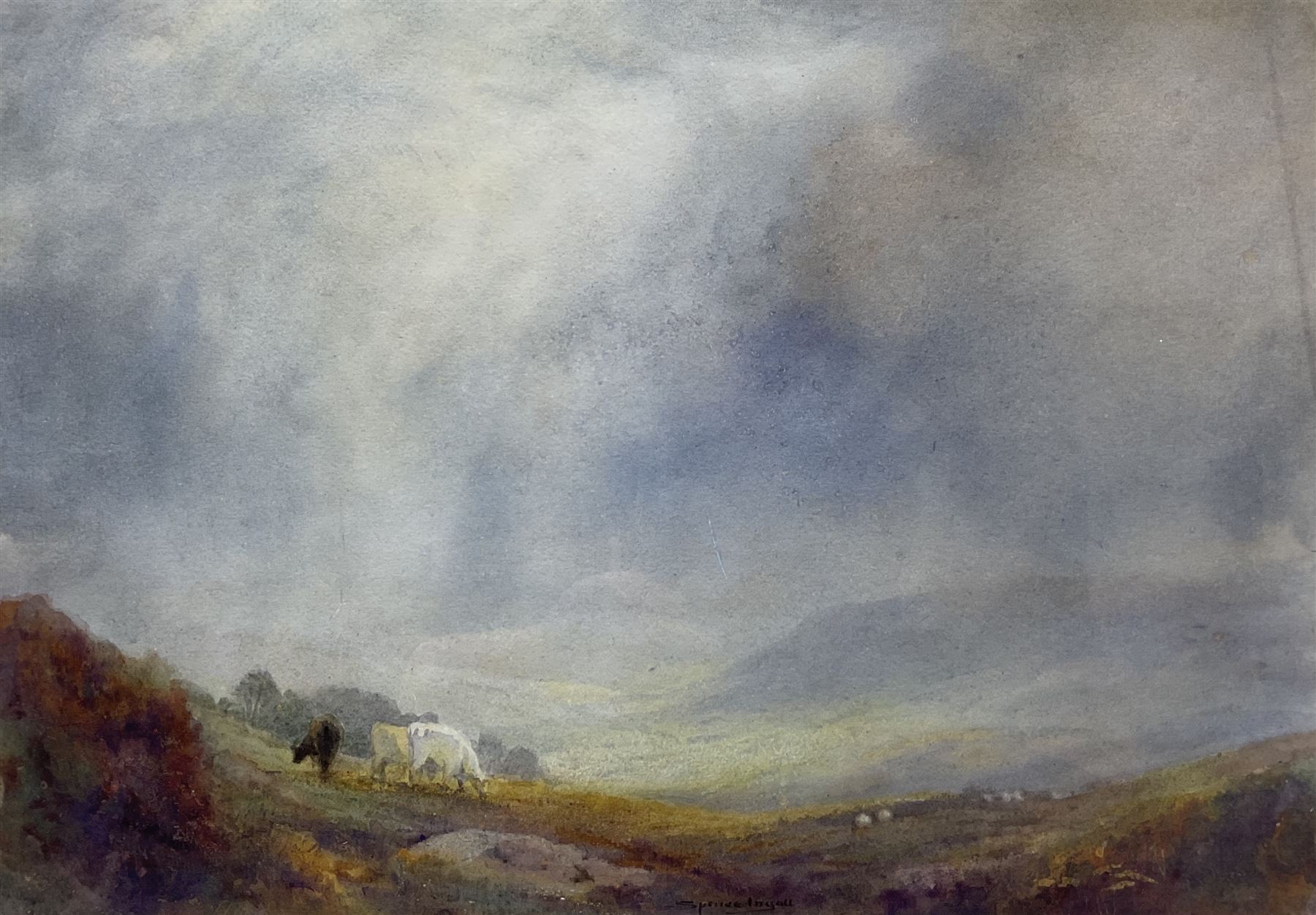 John Spence Ingall (Staithes Group 1850-1936): 'Landscape with Clouded Sky and Cattle', watercolour signed, titled verso 27cm x 39cm