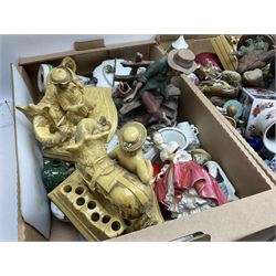 Large quantity of Victorian and later ceramics to include Wedgwood Jasperware box, Royal Doulton Southern Belle, Goebel figure, pair of late 19th/early 20th century Eichwald figural pipe racks, modelled in the form of gentlemen with horses (a/f), Capodimonte style tramp figure, other figures, Denby green stoneware vase, miniatures, Royal Worcester, Country Artists, vases, lamp, jardinières, etc in three boxes and Heavy marble effect alabaster table lamp in the form of an Ionic column, with fabric shade, overall H89cm (a/f)
