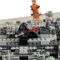 Three Lepin Star Wnrs built models, comprising Red Five X-Wing Starfighter no. 05039, Millennium Falcon no. 05132 and Super Star Destroyer no. 05028