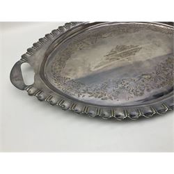 Oval silver plate twin handled tray, egg and dart edge, engraved with floral springs surrounding an central inscription, L65cm
