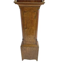 Thomas Gibson of Berwick - oak and mahogany 8-day longcase clock c 1860, with a flat topped pediment and recessed break arch door beneath, free standing pilasters with brass capitals, trunk with quarter columns to the corners and a wavy topped door, on a rectangular oak plinth with a shaped base,  painted dial with floral spandrels and a sporting scene to the break arch, Roman numerals, minute track and subsidiary seconds and date dial's, matching stamped brass hands pinned via a false plate to a rack striking movement, striking the hours on a bell. With weights, pendulum and key.   