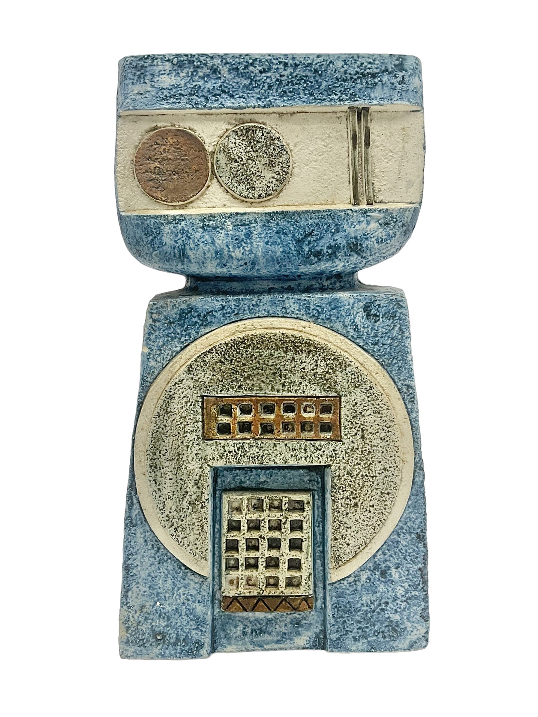 Large Troika double base vase, decorated with geometric design upon a blue ground, designed by Annette Walters, with painted marks beneath, H36cm  