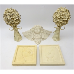  Contemporary winged cherub wall pocket, L43cm, pair composite cream painted Daffodil bouquets and two square composite stone wall plaques, inscribed T.C (5)  