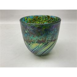 RTV -Jonathan Harris glass cup vase in the 'Everglades' pattern, of floral and striped blue, green and purple iridescent design, with etched 'Ironbridge 2004' mark beneath, with box, H11cm