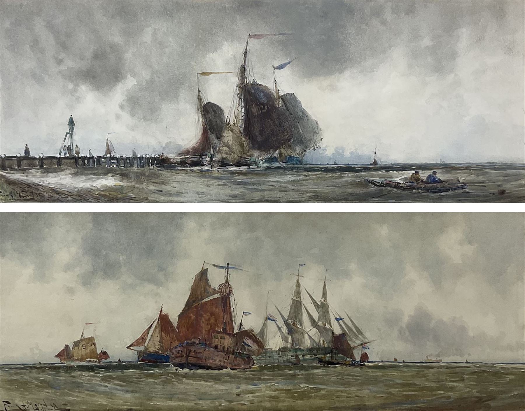 Frank Henry Mason (Staithes Group 1875-1965): 'Dutch Pinks (Barges) entering Volendam Harbour' and 'Off the ** Lightship Holland', pair watercolours and bodycolour signed titled and dated '99, 18cm x 44cm (2) (unframed)