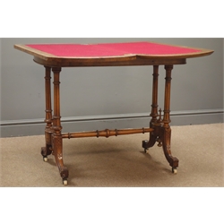 Victorian inlaid walnut burr games table, red baize, turned reeded supports joined by stretchers on carved splayed feet, W91cm, H73cm, D98cm  