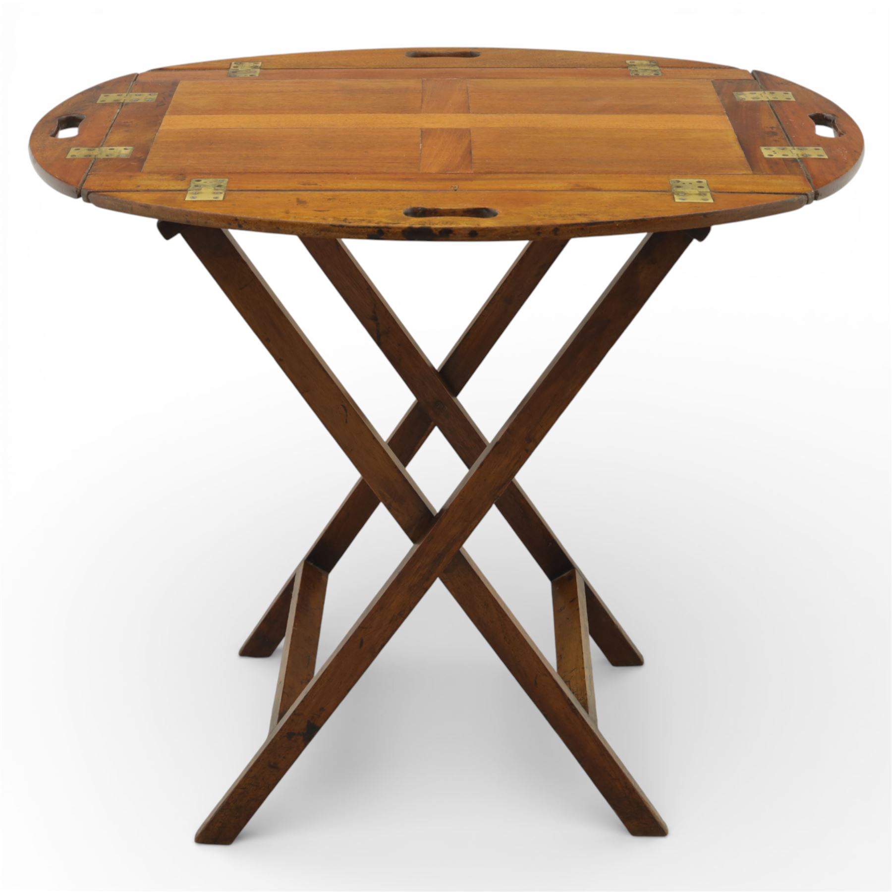 Mid 19th century mahogany butler's tray and stand, the rectangular tray with curved folding handles, opening flat, supported upon an X frame stand  