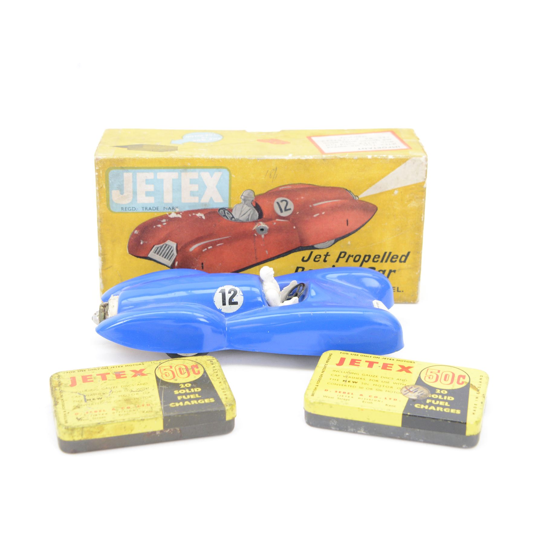 Jetex Jet Propelled Racing Car, with blue plastic body no. 12, in original box with instructions and two tins of solid fuel charges