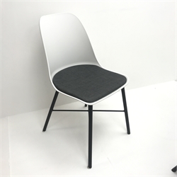 John Lewis white rectangular dining table, grey turned tapering supports (W120cm, H74cm, D80cm) and four matching dining chairs, upholstered seats, turned supports (W43cm) 