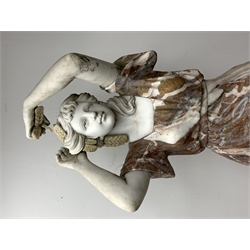 Victorian style rouge and white marble classical statue of woman dancing with her arms raised, on circular stepped moulded plinth base, H185cm