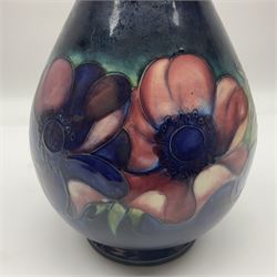 Moorcroft Anemone pattern vase of baluster form, upon a blue ground, with painted and impressed marks beneath, H24cm