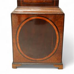 William Vise of Wisbech (Cambridgeshire)-8-day mahogany Longcase clock c1750, with a swan neck pediment and inlaid parterre, break arch hood door beneath flanked by detached reeded pilasters with brass capitals, trunk with conforming pilasters to the corners and an inlaid door with banding to the edge and oval satinwood inlay and matching conche inlay to the centre, conforming pediment with matching circular inlay and raised on bracket feet, brass break arch dial with interesting scroll and floral spandrels to the arch and four season spandrels to the corners, fully engraved dial centre with steel hands, engraved seconds dial and square date aperture, silvered boss to the arch with makers name and conforming chapter with Roman numerals, five minute Arabic's and minute track, dial pinned directly to a two train weight driven rack striking movement, sounding the hours on a bell. With weights and pendulum. 
Both a William and John Vise are recorded as working in Wisbech between 1740 and1758.