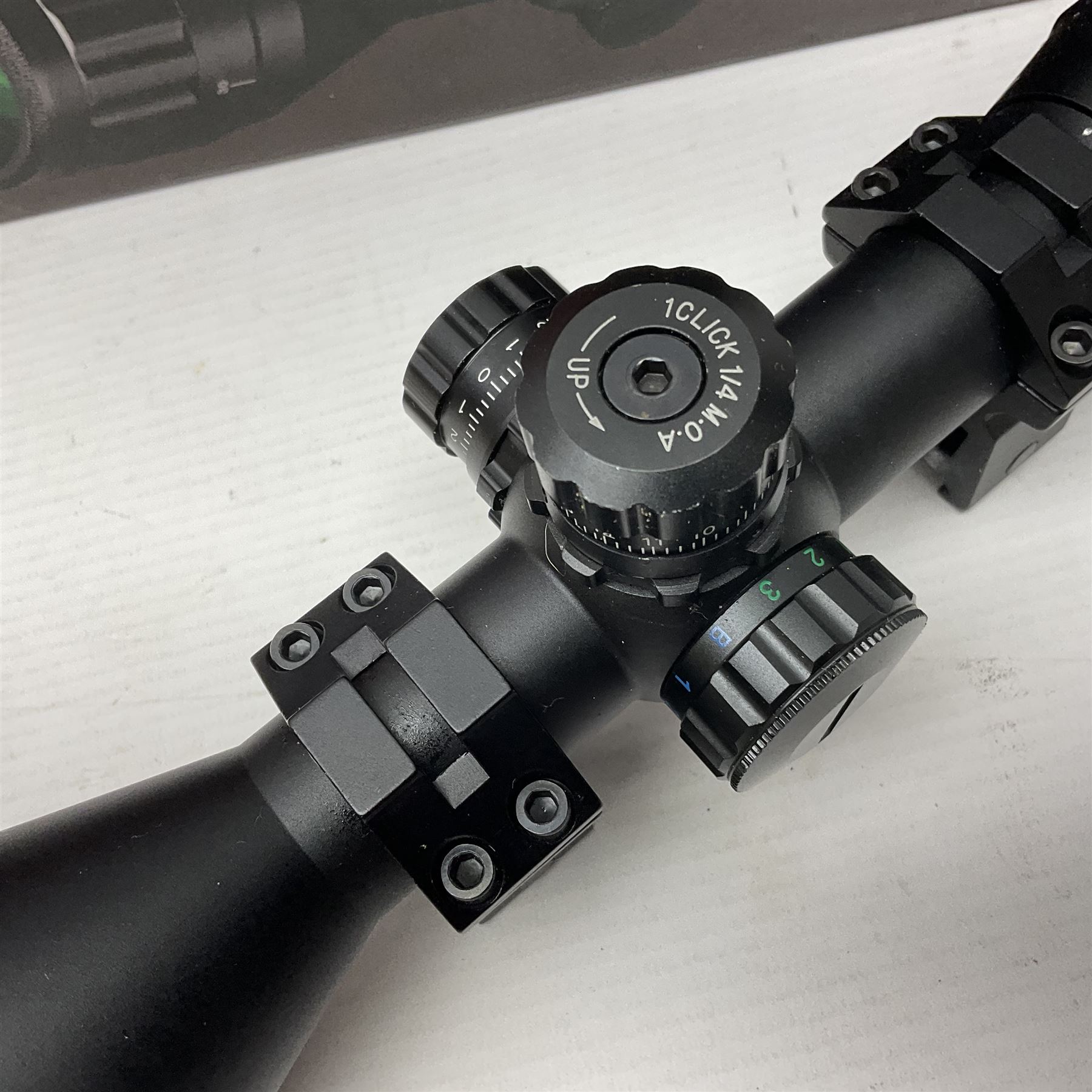 Four shooting accessories - Riflescope 3-9 x 50 scope; Digital Trail Camera; Megaorei M3 night sight add on; and Logan Gun Lamp; all boxed (4)