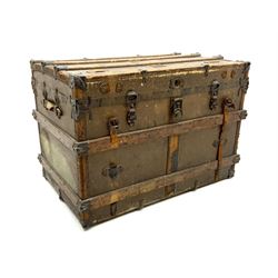 Early 20th century wood, leather and metal bound steamer trunk with Liverpool American Line label